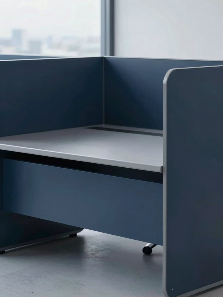Clean structured corporate desk with architectural lines, cool overcast daylight, deep navy tones, professional 35mm photography