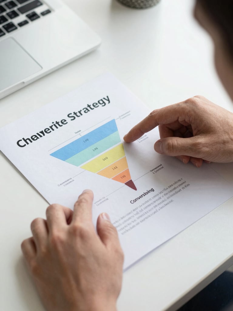 Close overhead angle of a printed marketing strategy document on a clean desk, hands pointing at a conversion funnel diagram, bright north-facing office light, no eye contact, analytical work in progress