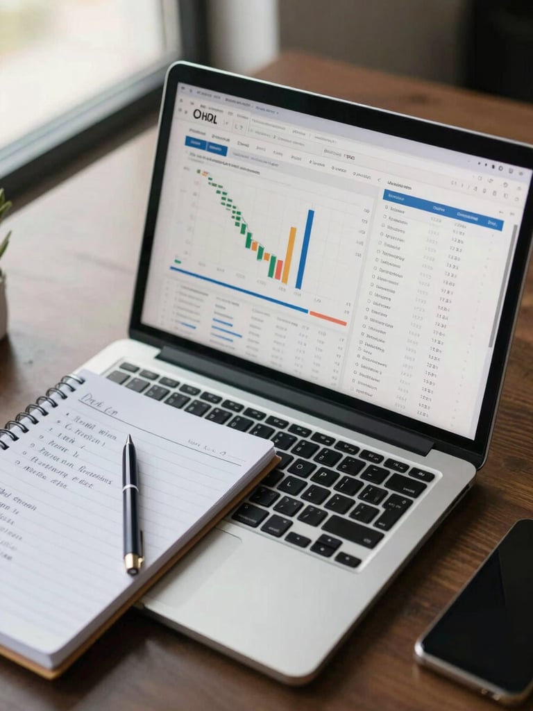 Close overhead angle of a laptop screen displaying a marketing analytics dashboard with traffic and conversion data, a legal notepad beside it with handwritten diagnostic notes, bright diffused daylight from a window at left, no faces, boardroom table surface visible