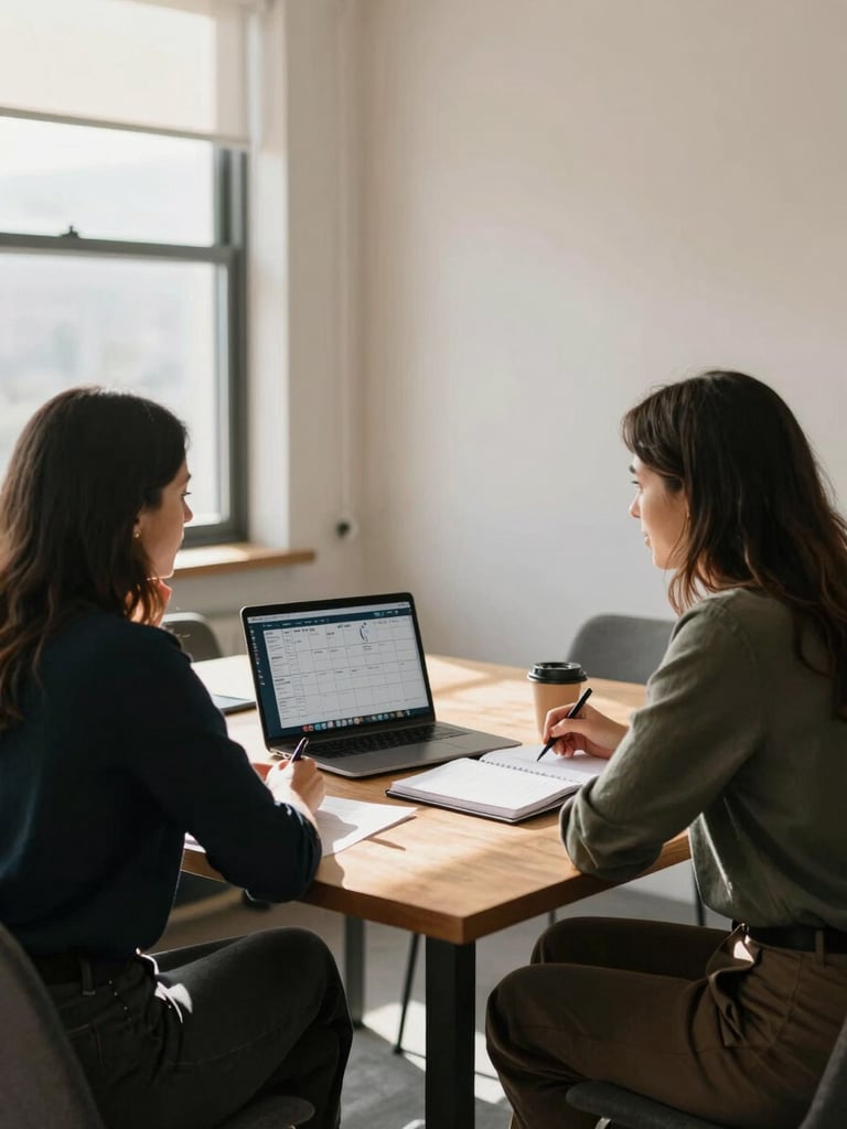 Environmental wide shot from the right side of a bright office room, two women seated at a wooden table mid-conversation over an open notebook and a laptop showing a social media calendar, warm natural window light falling across the table, papers and a coffee cup visible, candid and unposed
