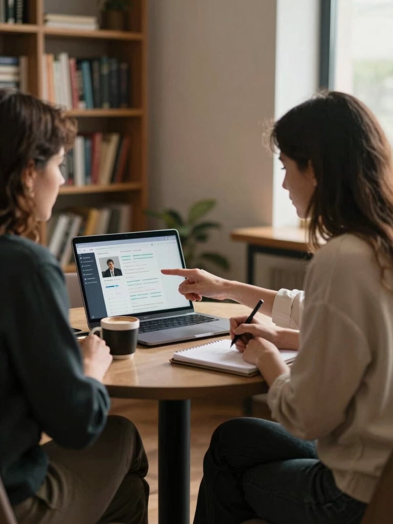 Medium environmental shot of two women sitting across a small table in a warm office, one pointing at a laptop screen showing a social media analytics dashboard, the other writing in a notebook, afternoon window light from the right, candid mid-conversation moment, coffee cups on the table, bookshelves softly blurred in background, documentary warmth