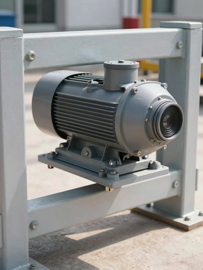 Close-up of a heavy industrial steel gate mechanism with a high-performance automated motor installed, professional industrial photography, sharp details, bright daylight