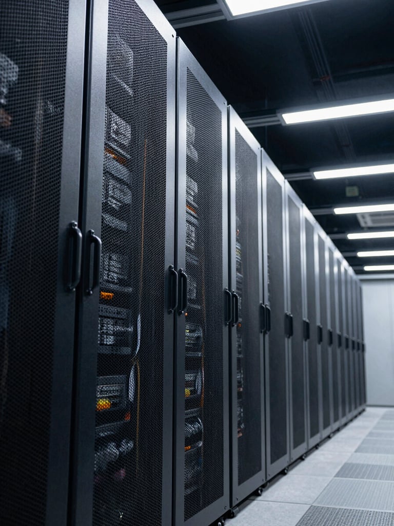 Wide left-edge crop of a structured server room corridor, shot from low angle looking down a perfectly ordered row of rack cabinets, cool north-facing fluorescent light casting clean parallel shadows on brushed-metal surfaces, cables bundled with geometric precision, deep negative space in the upper frame—nothing extraneous in the shot.