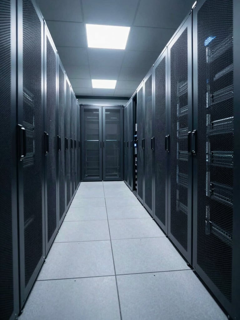 Wide environmental shot of a structured server room corridor, cool north-facing fluorescent light casting sharp parallel shadows on precisely ordered rack units, shot from a low geometric angle emphasizing depth and repetition of clean lines, no people, nothing extraneous in the frame