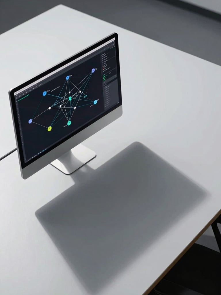 Overhead geometric angle of a clean engineering workspace, a single monitor displaying a network topology diagram, matte desk surface with no clutter, cool north-facing daylight casting sharp clean shadows, wide negative space to the right