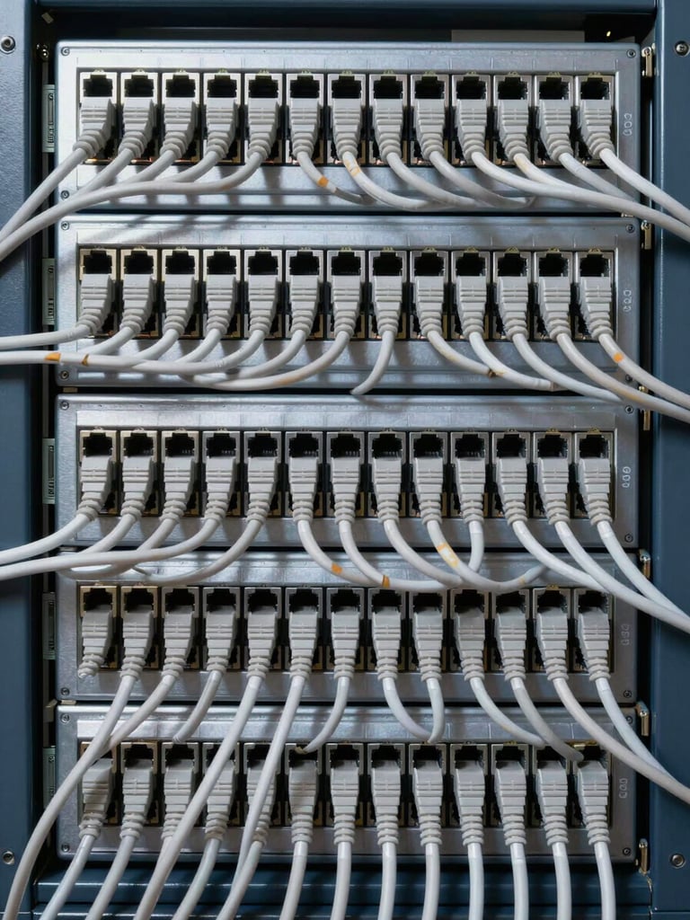 Tight overhead shot of a structured network patch panel, cables routed with precise symmetry in cool studio light, sharp clean shadows, no clutter, geometric order visible in every detail, monochromatic metallic tones