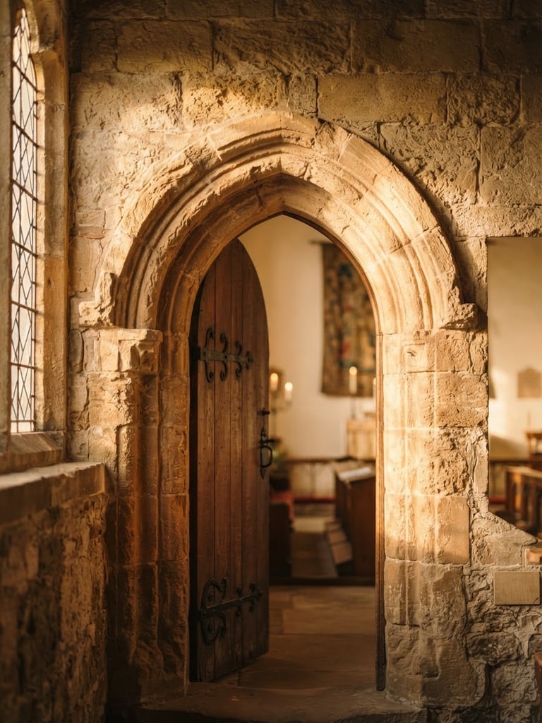 Warm natural window light reflecting on a historic stone archway inside a sacred leadership space, shallow depth of field, golden tones.