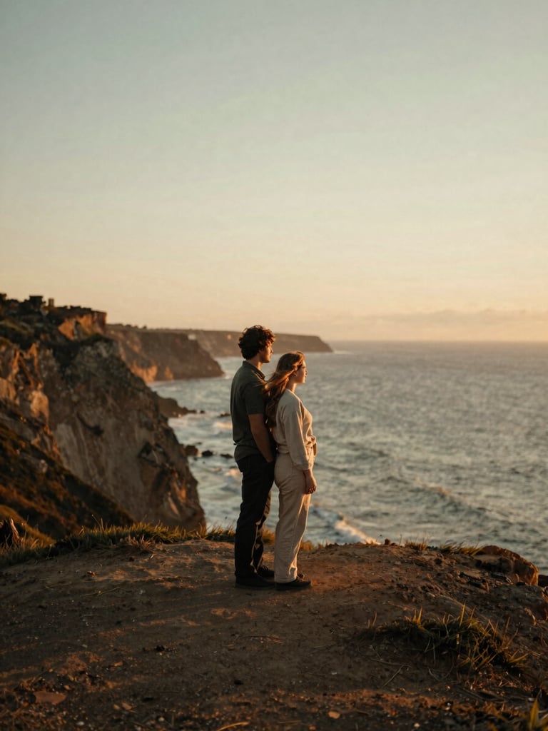 A wide environmental portrait of a couple standing on a wind-swept coastal cliff at sunset, warm natural light, soft focus, cinematic 35mm film look.