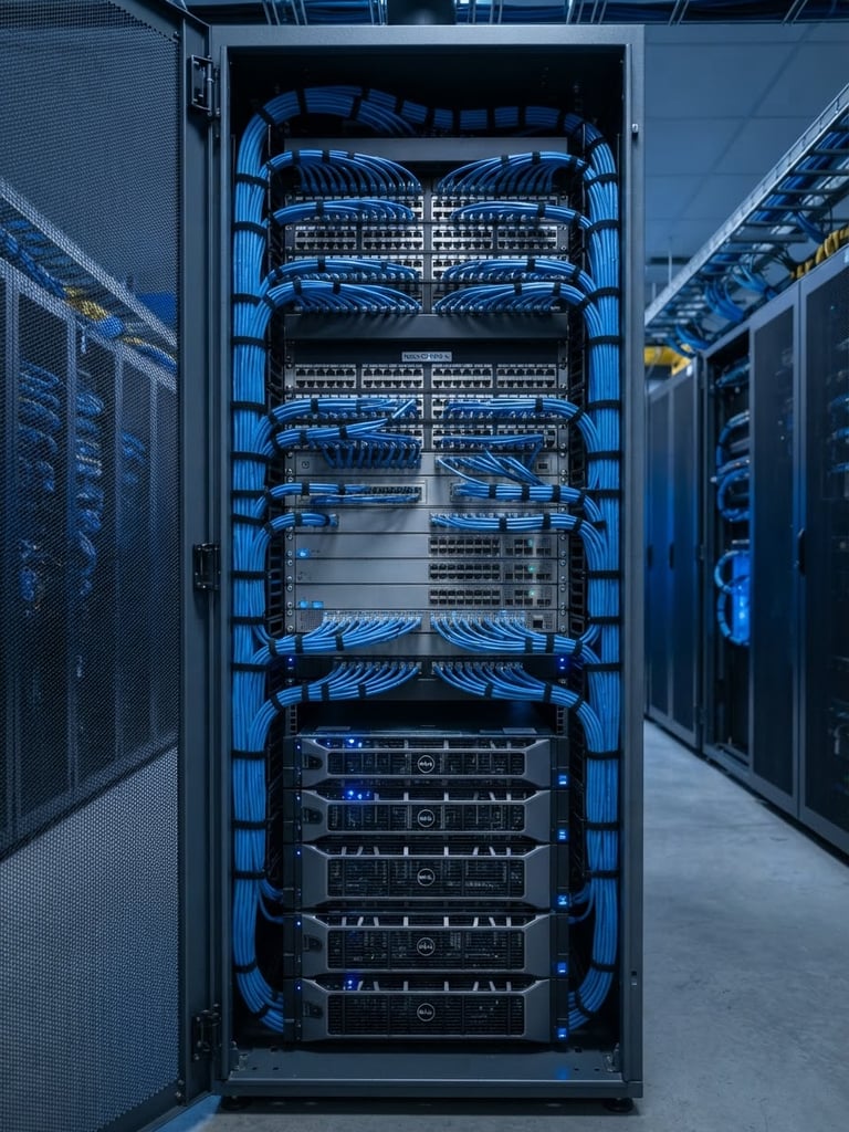 Wide-angle architectural portrait of an immaculate server rack, perfectly combed blue Category 6A cabling running into clean patch panels, subtle blue status LED glow, cool charcoal background, sharp focus.