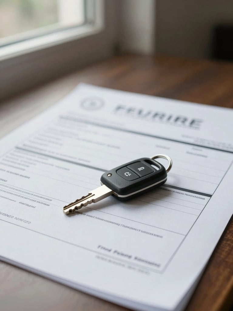 Wide panoramic view of a car key resting on a signed insurance document on a desk, natural diffused daylight from a side window, shallow focus on the key with paperwork softly visible behind, no people