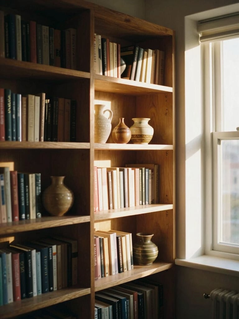 Sunlit residential interior with beautifully organized open shelves, soft golden-hour window light, rich earthy tones, 35mm film.