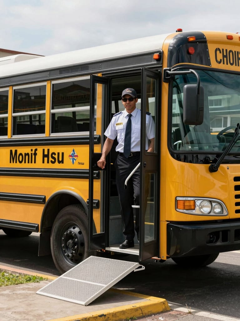 Exterior side view of a specially-equipped Monif Transport school bus with accessibility ramp deployed, parked at a school entrance in Cayenne, mid-morning natural daylight, safety markings clearly visible, driver standing beside the open door in uniform