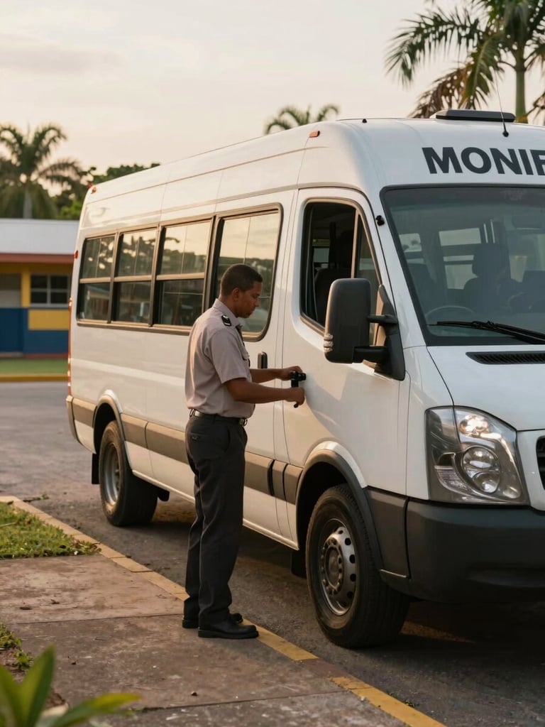 Exterior wide shot of a Monif Transport school vehicle parked at a school entrance in Cayenne, late afternoon golden light, driver in uniform performing pre-departure safety check on the vehicle door mechanism, no children visible, operational context showing school grounds and tropical vegetation in background