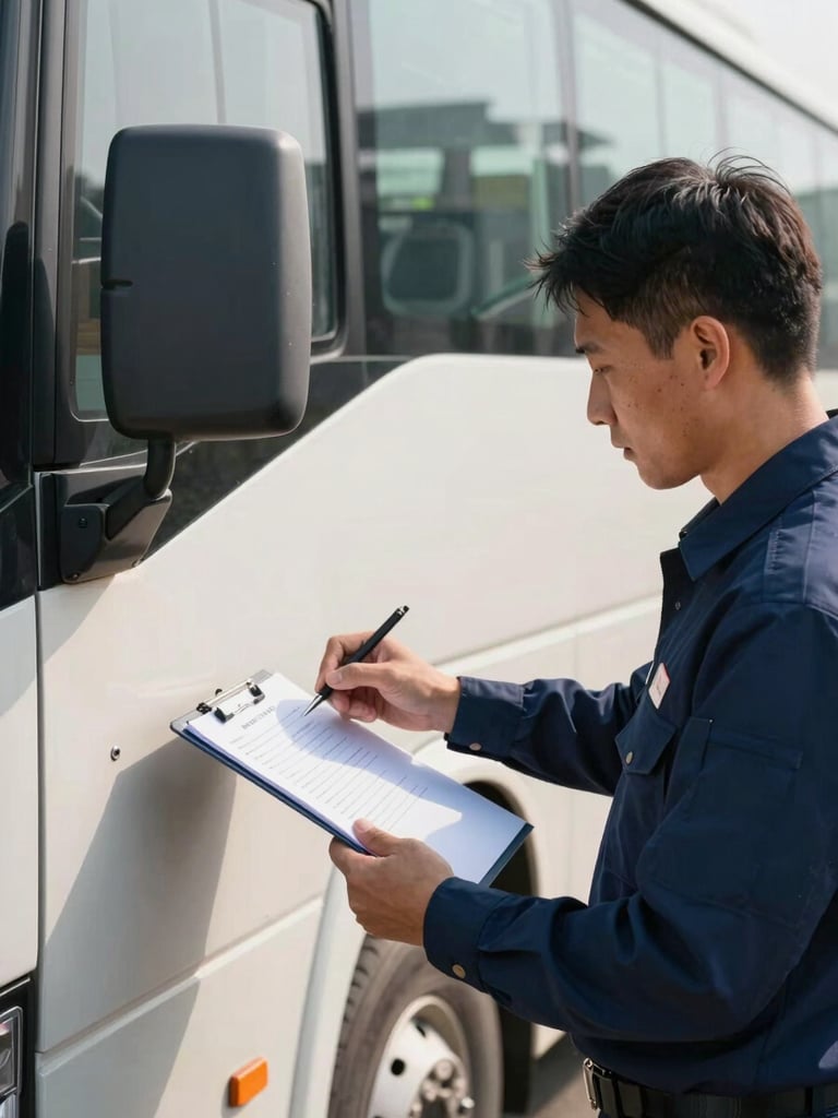 Close-up of a Monif Transport driver in uniform performing a pre-departure safety check on the vehicle exterior, clipboard in hand, morning light casting soft directional shadows on the bus bodywork, focused and methodical