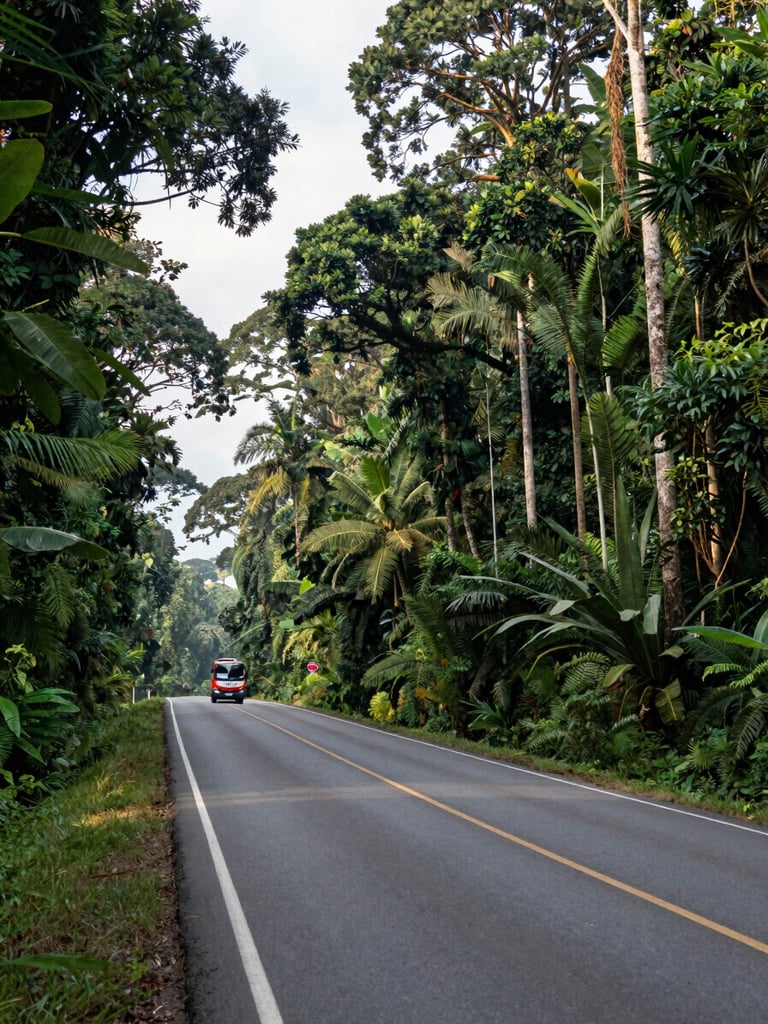 Wide panoramic view from a road cutting through dense Guiana rainforest at mid-morning, tarmac stretching toward the horizon in the left third of the frame, tall canopy trees flanking both sides, soft natural light filtering through foliage, a Monif Transport coach visible in the far mid-ground traveling away from the viewer