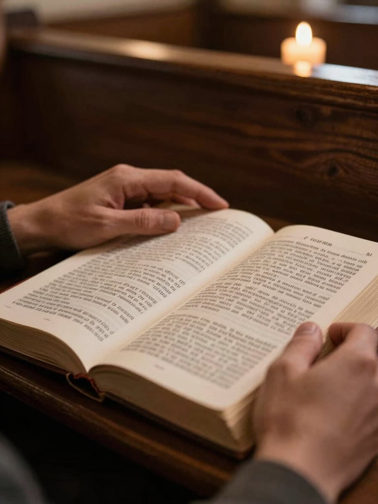 Close-up portrait of a pair of hands resting on the open pages of the Book of Common Prayer, candlelight casting warm gold across the text, a wooden pew visible softly out of focus in the background, intimate and contemplative framing