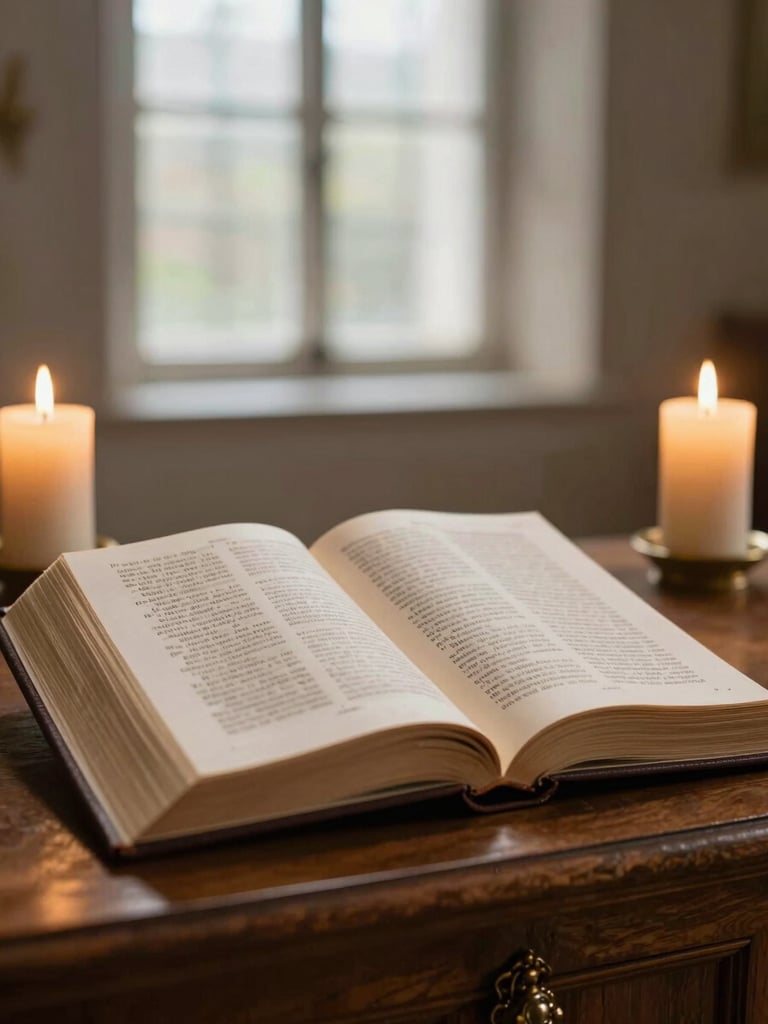 Open pages of the Book of Common Prayer on a wooden altar, two lit taper candles flanking it, soft natural light from a tall window behind, shallow focus on the printed text, warm gold and cream tones