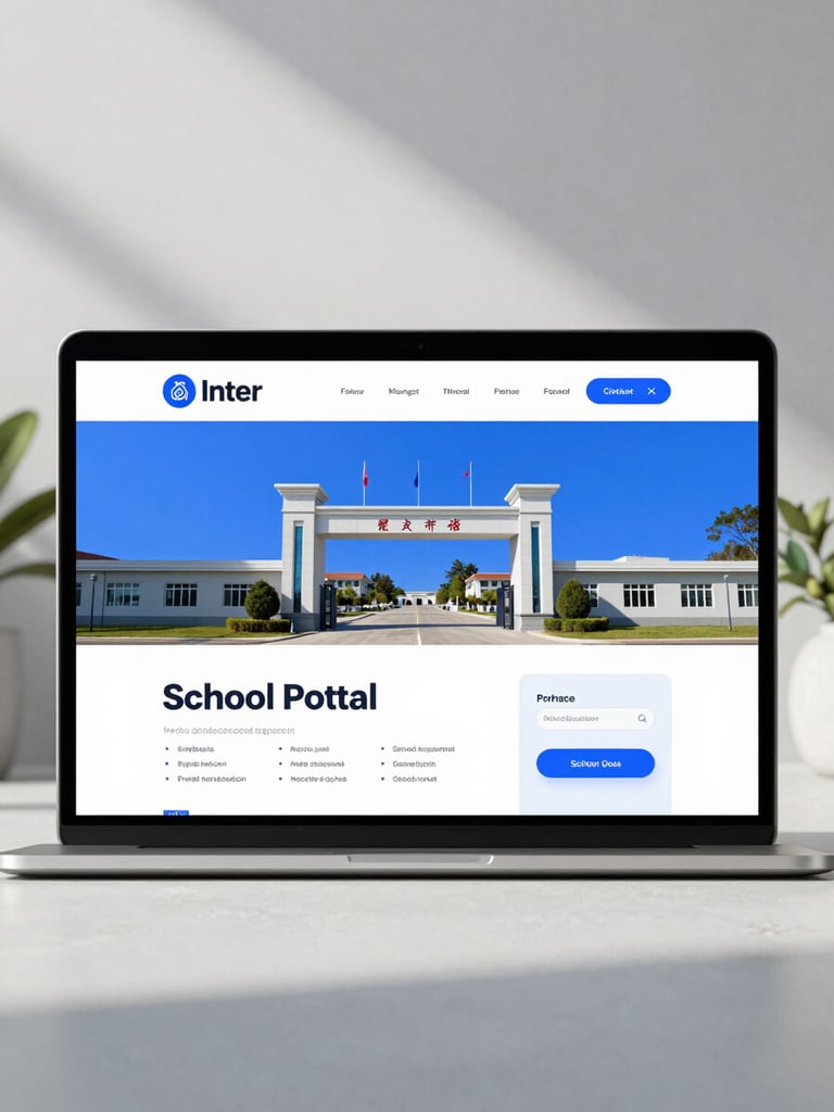 Straight-on flat-lay digital mockup of a modern school portal website, crisp Inter typography visible, clean slate and electric blue interface, bright daylight studio lighting.