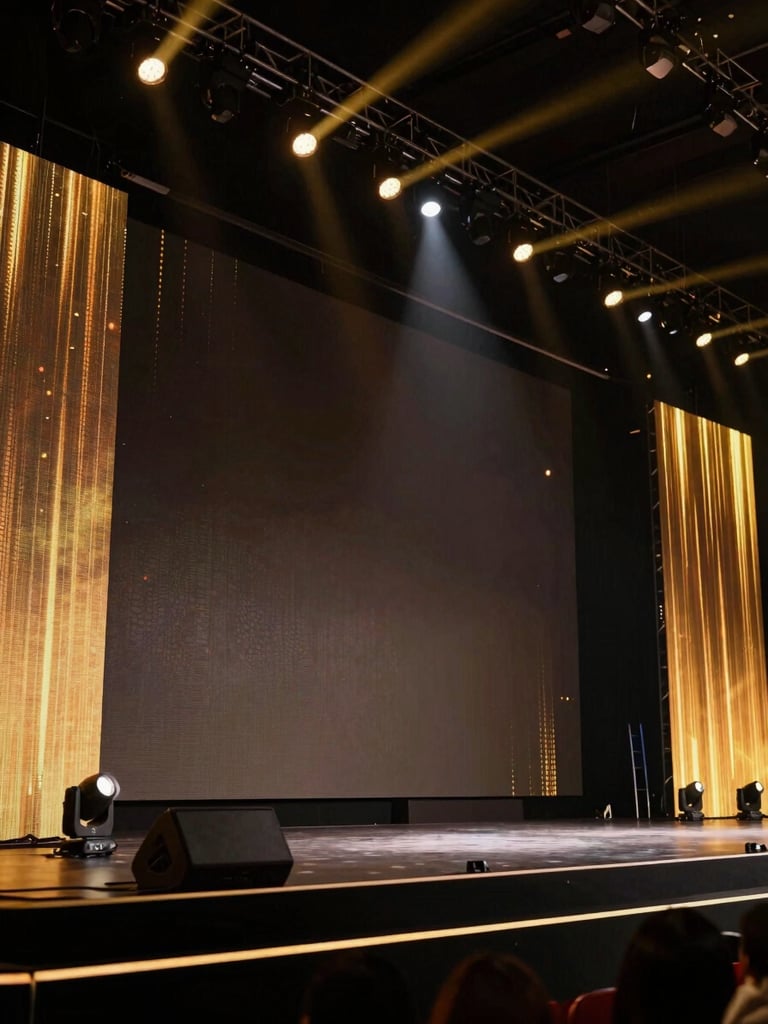 Wide shot of a large corporate stage with professional lighting and LED screens, shallow depth of field, 35mm, dramatic ambient lighting, rich dark tones with gold accents, cinematic event photography.