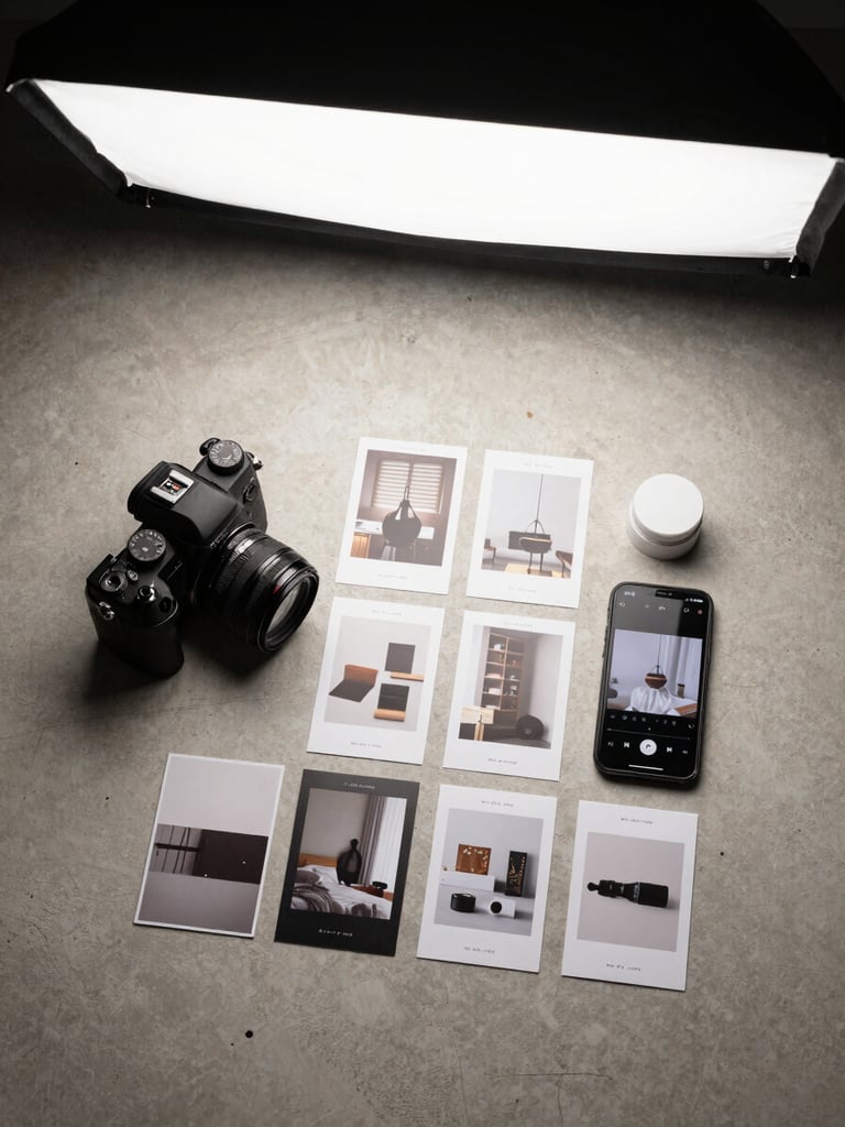 Tight overhead flatlay on a light concrete surface showing a brand shoot in progress — a camera, printed mood board cards, a smartphone displaying a short-form video timeline, and a small product prop arranged precisely, studio softbox light from above creating clean even shadows, no clutter outside the arranged items