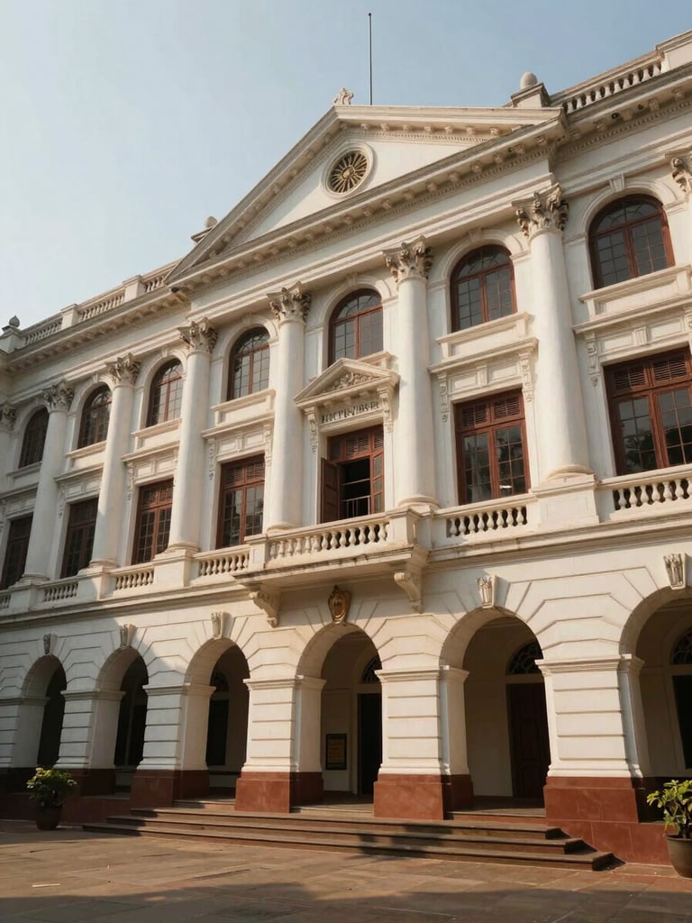 Wide-angle architectural detail of a prestigious heritage college library facade in Tamil Nadu, warm natural daylight, soft shadows