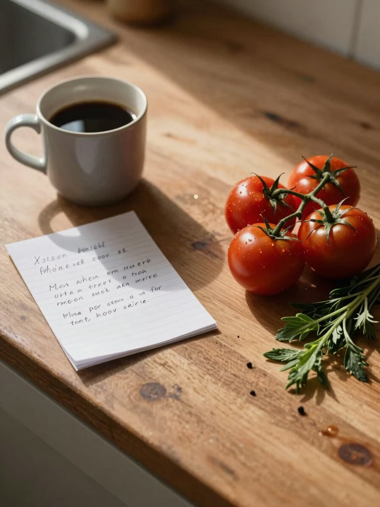 Close-up overhead view of a worn wooden kitchen prep table in early-morning light, a coffee mug and handwritten notes to the left, a small cluster of tomatoes and herbs to the right, soft north-facing daylight raking across the surface texture