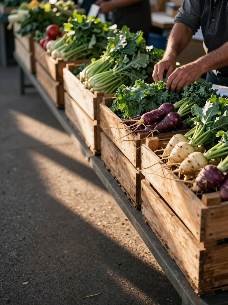 Wide environmental shot of a farmers market stall at first light — wooden crates of root vegetables and leafy greens, a vendor's hands arranging bunches of kale, long early-morning shadows across the table, golden hour natural light, no customers yet