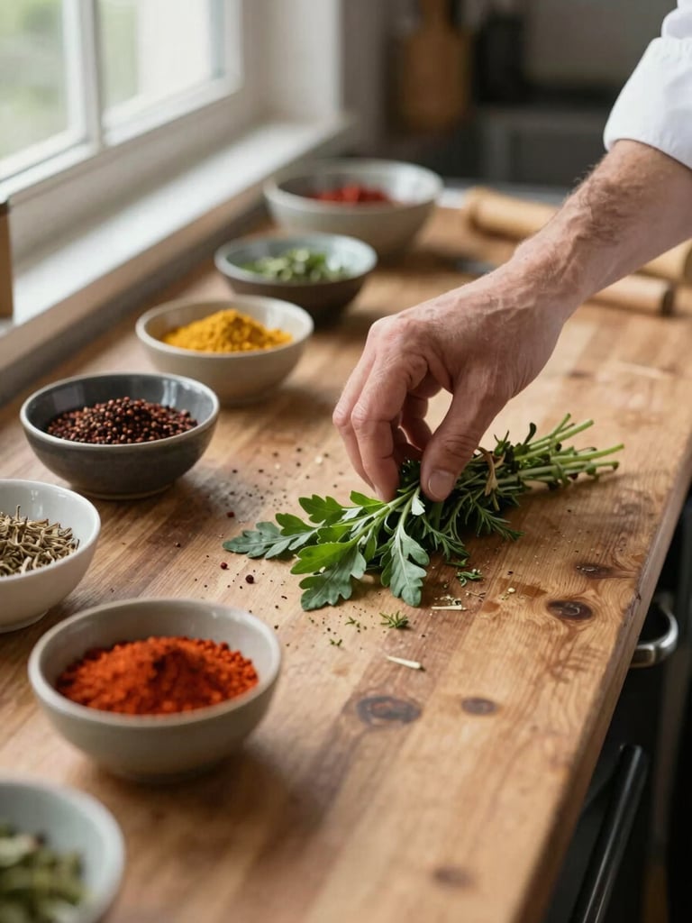 Close-up overhead shot of mise-en-place on a worn wooden prep counter — small bowls of spices, a chef's hand reaching for a bundle of fresh herbs, soft north-facing daylight from a kitchen window, no artificial lighting