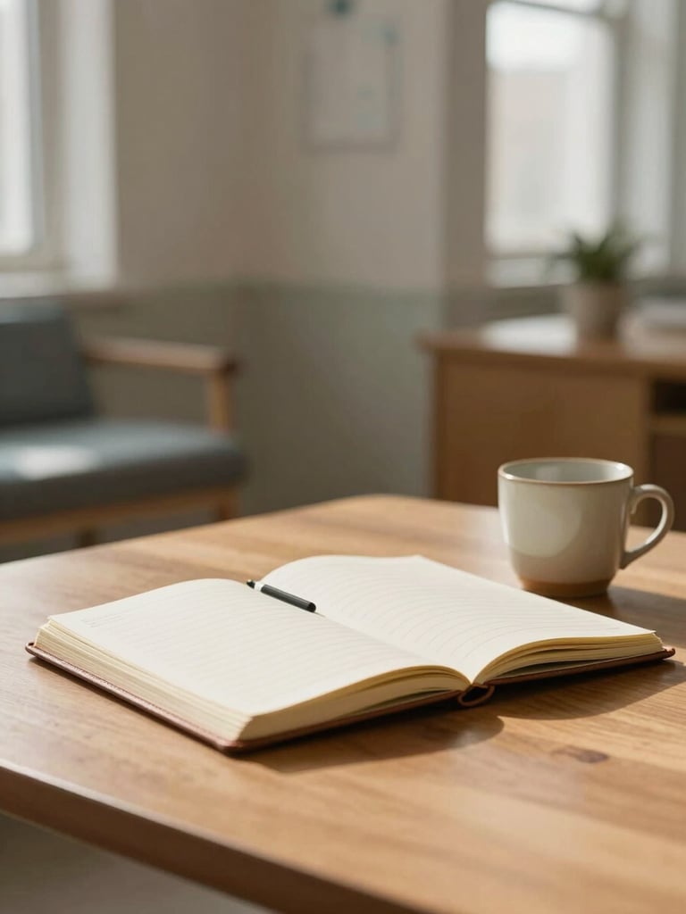 Medium-close shot of a warm, quiet clinical therapy room with soft natural daylight, an open leather notebook on a wooden table next to a ceramic cup, serene atmosphere.