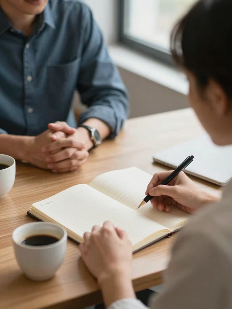 A close-up of two people in a deep, active listening session in a warm office, an open notebook and a cup of coffee on the table, natural light, focus on genuine connection.
