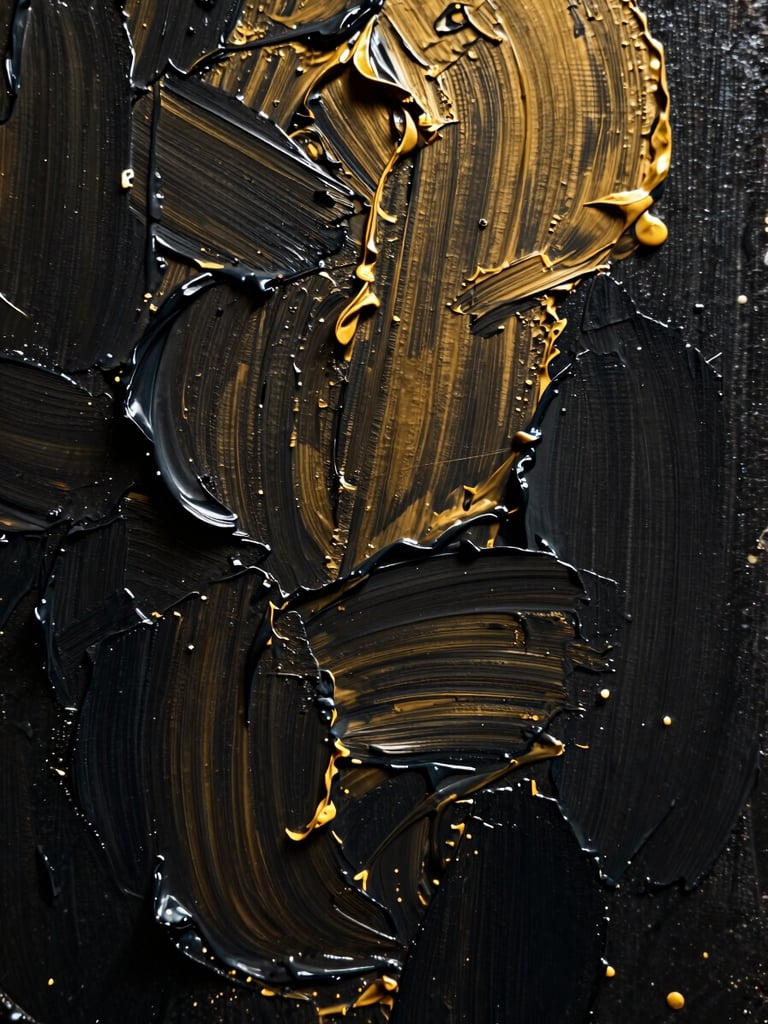 Extreme macro photograph of thick impasto oil paint layers on canvas, showing the rich texture of brushstrokes and the tension of blended dark and gold pigments.