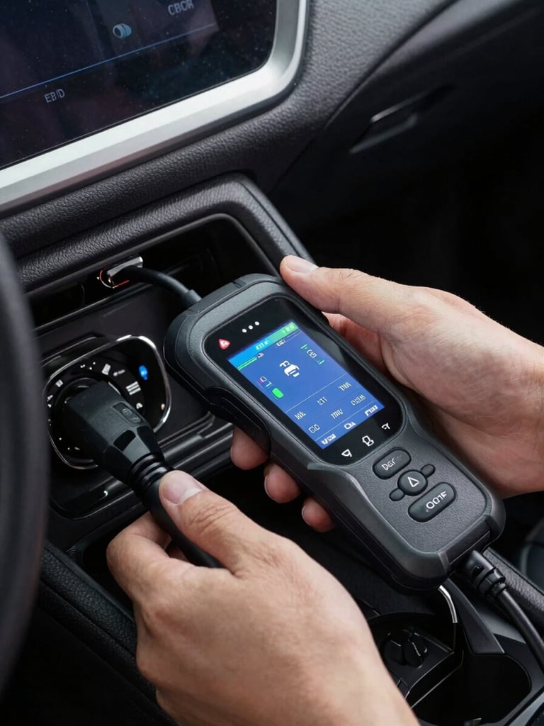 Close-up of hands operating a handheld digital key programmer plugged into an OBD2 port inside a modern vehicle dashboard, screen glowing with diagnostics, high-contrast directional lighting.