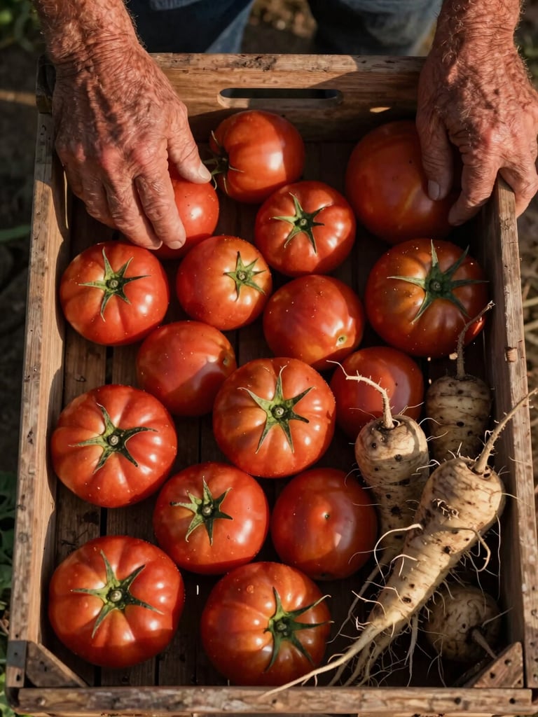 Overhead wide shot of a harvest crate filled with freshly picked tomatoes and root vegetables, a pair of calloused hands resting at the edge of the crate, late afternoon warm light casting long shadows across the wooden slats, earthy textures and imperfect shapes visible
