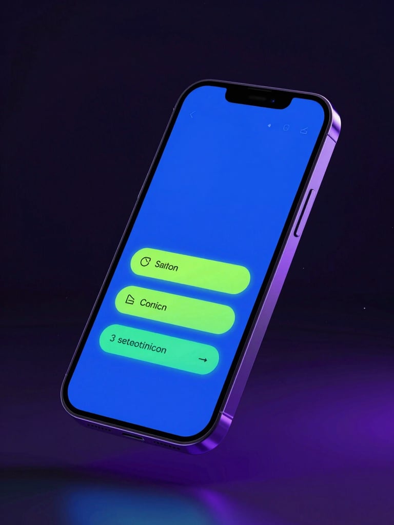 A vibrant 3D render of a sleek modern smartphone floating against a dark background, screen glowing with electric blue and neon green login interface, cinematic studio lighting with purple ambient backlights