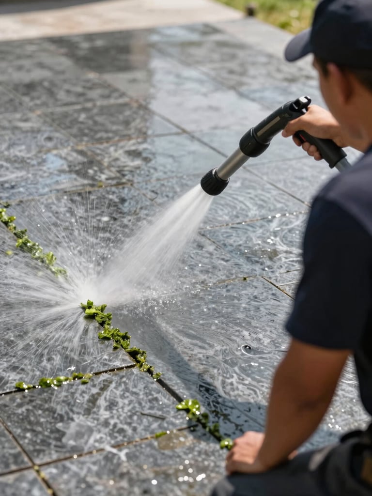 Medium shot from behind and slightly above a worker directing a high-pressure wand at a stone patio surface, white jet of water hitting grey stone, green algae being blasted away at the spray edge, bright midday sun, no face visible, focus on the wand and the clean line advancing across the surface