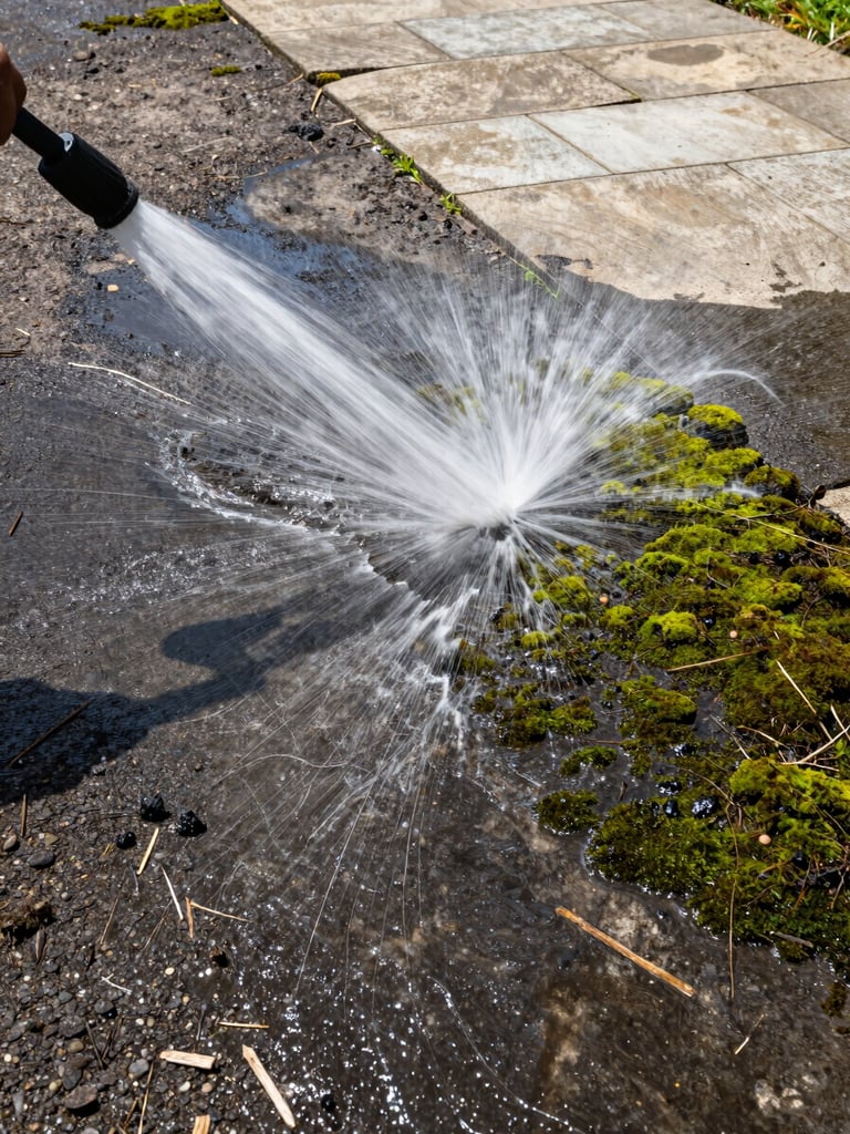 Wide environmental shot from ground level: a high-pressure wand blasting a moss-covered concrete driveway, water and grime spraying outward, vivid contrast between the dark dirty half and the clean pale stone emerging behind the spray, bright midday sunlight, no people visible, full driveway surface filling the frame