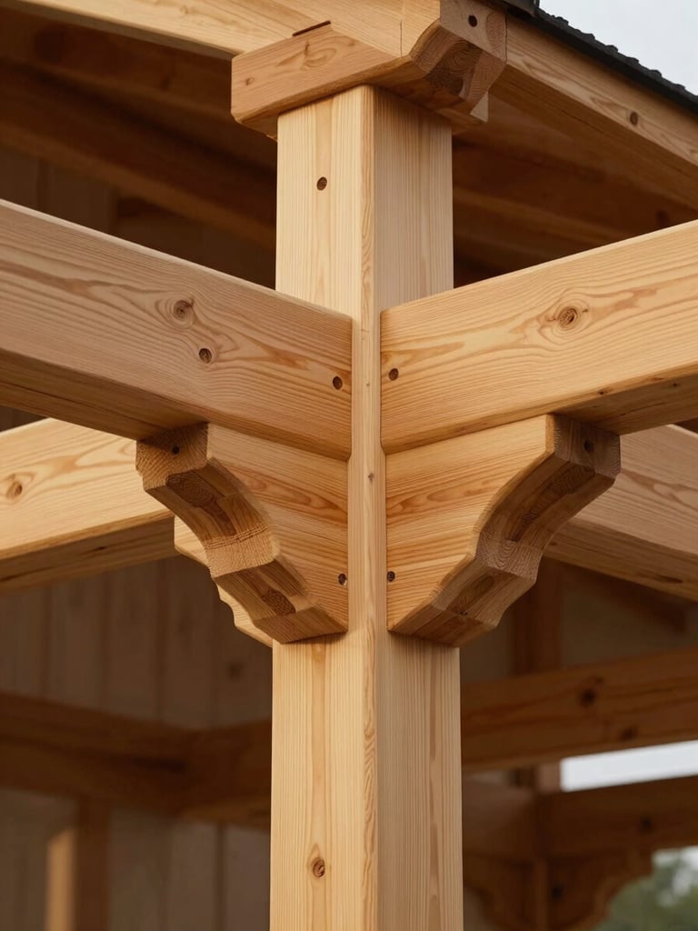 Close-up of traditional timber-frame joinery in Virginia white oak, showing crisp wood grain and hand-driven wooden pegs, soft overcast daylight.