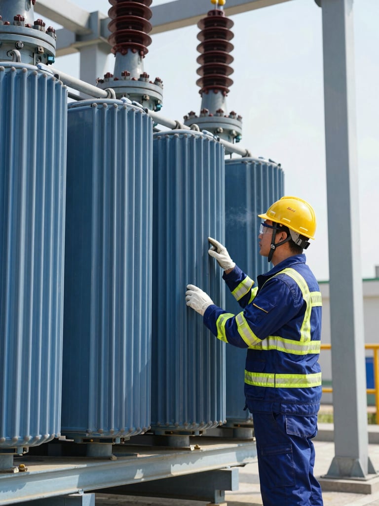An industrial technician in high-visibility HSEQ gear, wearing a hard hat and safety glasses, inspecting a high-voltage transformer under bright daylight.