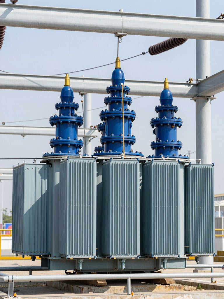 A close-up of a high-voltage industrial transformer and power infrastructure, bright daylight, professional industrial photography, 35mm