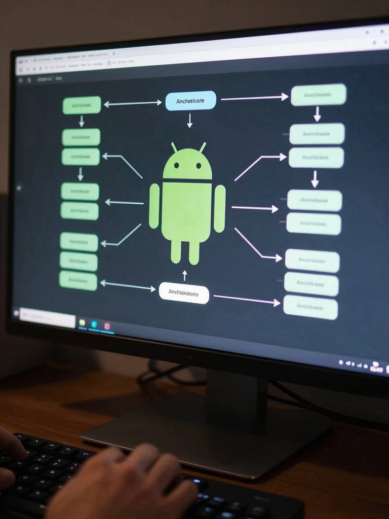 Close-up of an Android architecture diagram on a developer workstation monitor, cool monitor-glow light, data-sync flow arrows and offline state nodes visible, dark desk environment, developer hands partially visible at keyboard edge