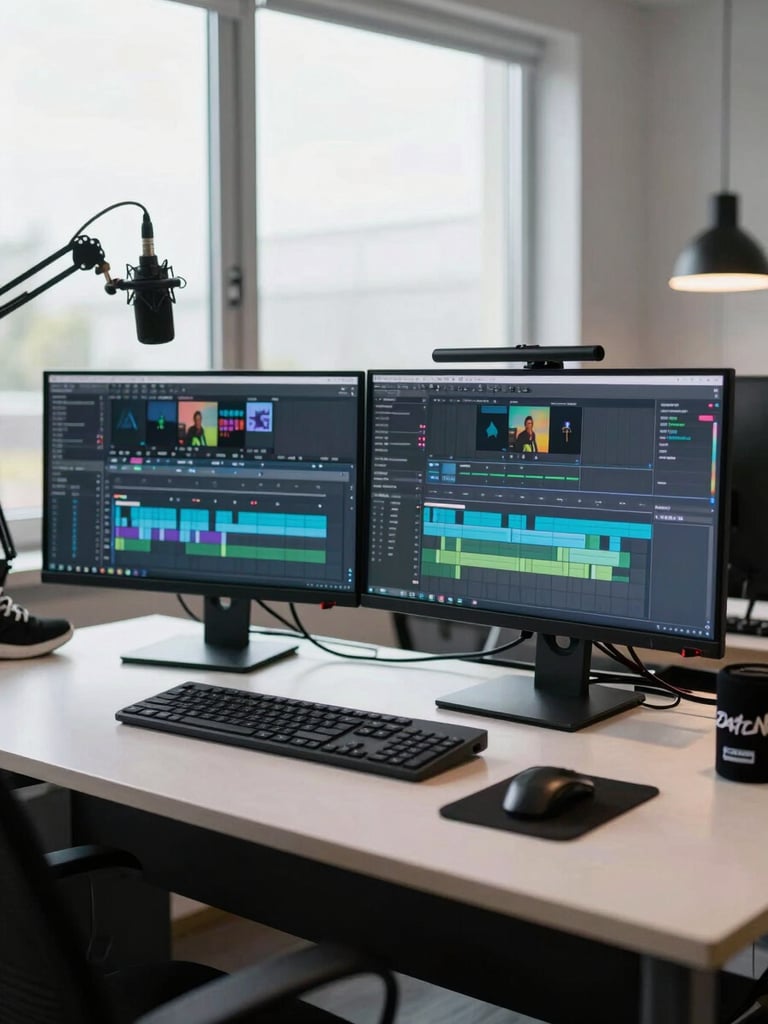 Wide shot of a modern streaming and editing station, dual monitors glowing with timeline software, a quality microphone arm in the foreground, sneakers and a small merch item on the desk edge, bright north-facing window light filling the room, cables neatly managed, authentic and lived-in