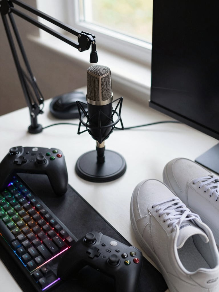 Close-up overhead flat-lay of a streaming setup — a high-end condenser microphone on a desk arm, RGB keyboard, gaming controller, a pair of clean white sneakers resting beside a monitor cable, bright natural daylight from a north window, no faces, authentic and unscripted