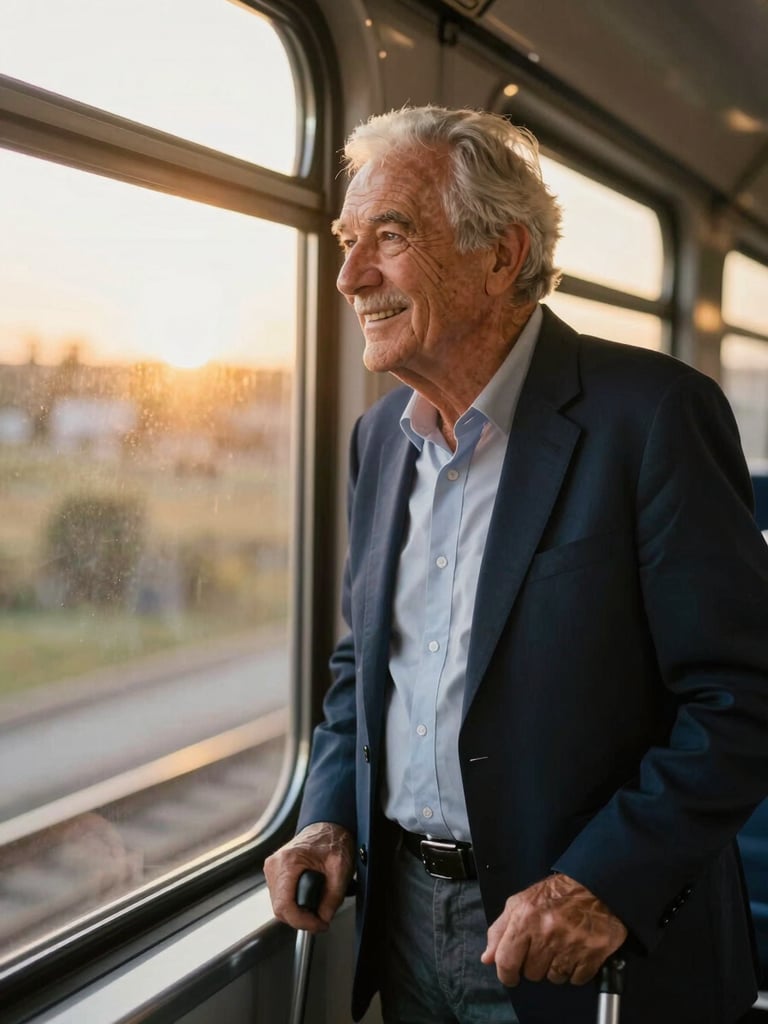 A senior man with a walking cane smiling warmly while looking out of a scenic train window in Europe, warm golden hour sunlight, soft focus, professional editorial photography