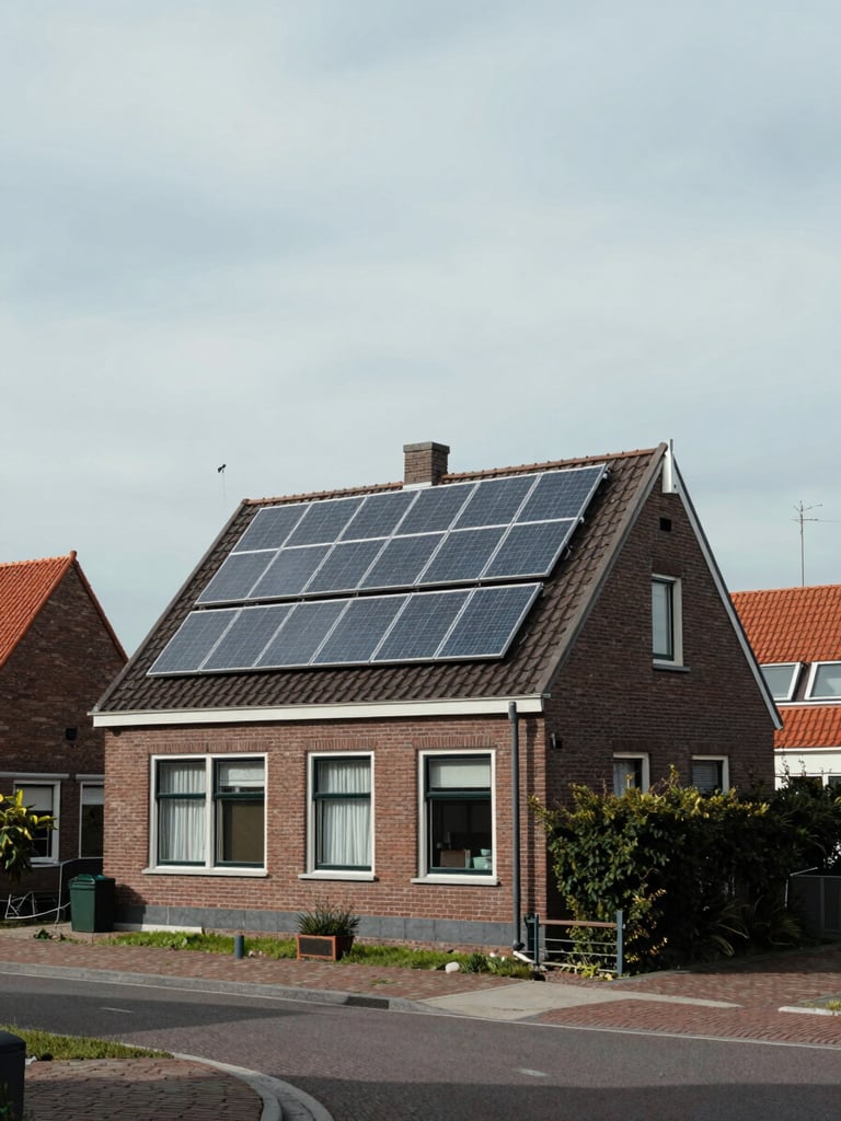 Wide straight-on shot of a typical Dutch suburban house with gabled roof under flat overcast north-facing daylight, solar panels visible on the roof, no people, quiet residential street