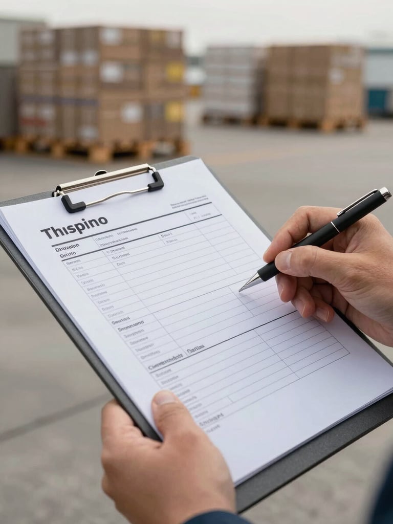 Close-up of hands reviewing a printed shipping manifest on a metal clipboard, loading dock in the background with stacked pallets visible under diffused afternoon light