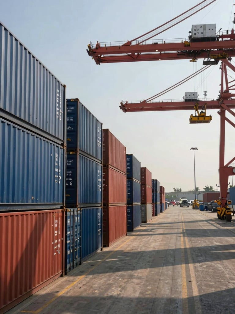 Wide shot of a busy container terminal at an Indian port, stacked shipping containers in deep blues and reds receding into the distance on the left, a loading crane arm visible in the upper right, natural afternoon light casting long shadows across the yard, no people, operational documentary framing