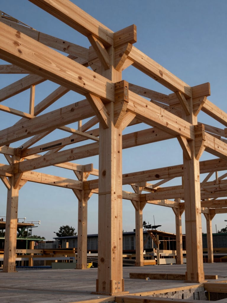 Low-angle architectural shot of a massive engineered timber pavilion frame under construction at twilight, showing heavy structural steel brackets and precise joinery.