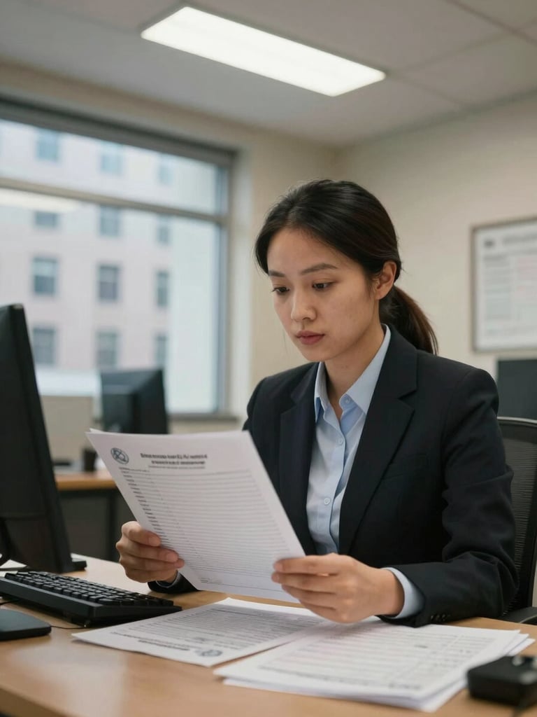 Medium shot of a municipal office worker at a desk reviewing printed payroll documents under bright overhead fluorescent light, city hall building visible through a window in the background