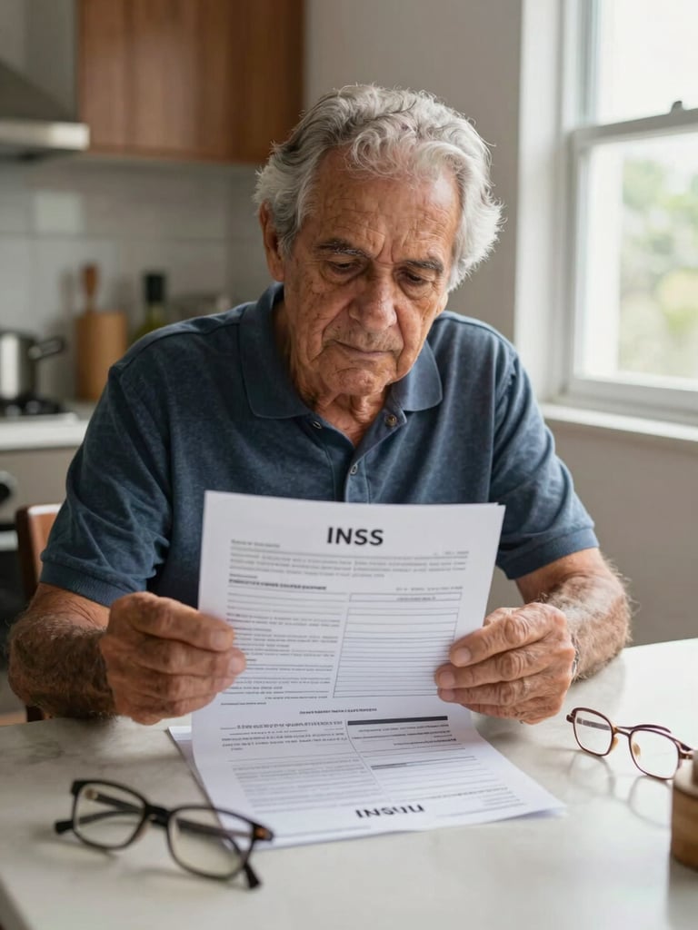 Elderly Brazilian worker seated at a kitchen table reviewing printed INSS benefit statement, bright natural daylight from a window on the right side, reading glasses on the table beside the document