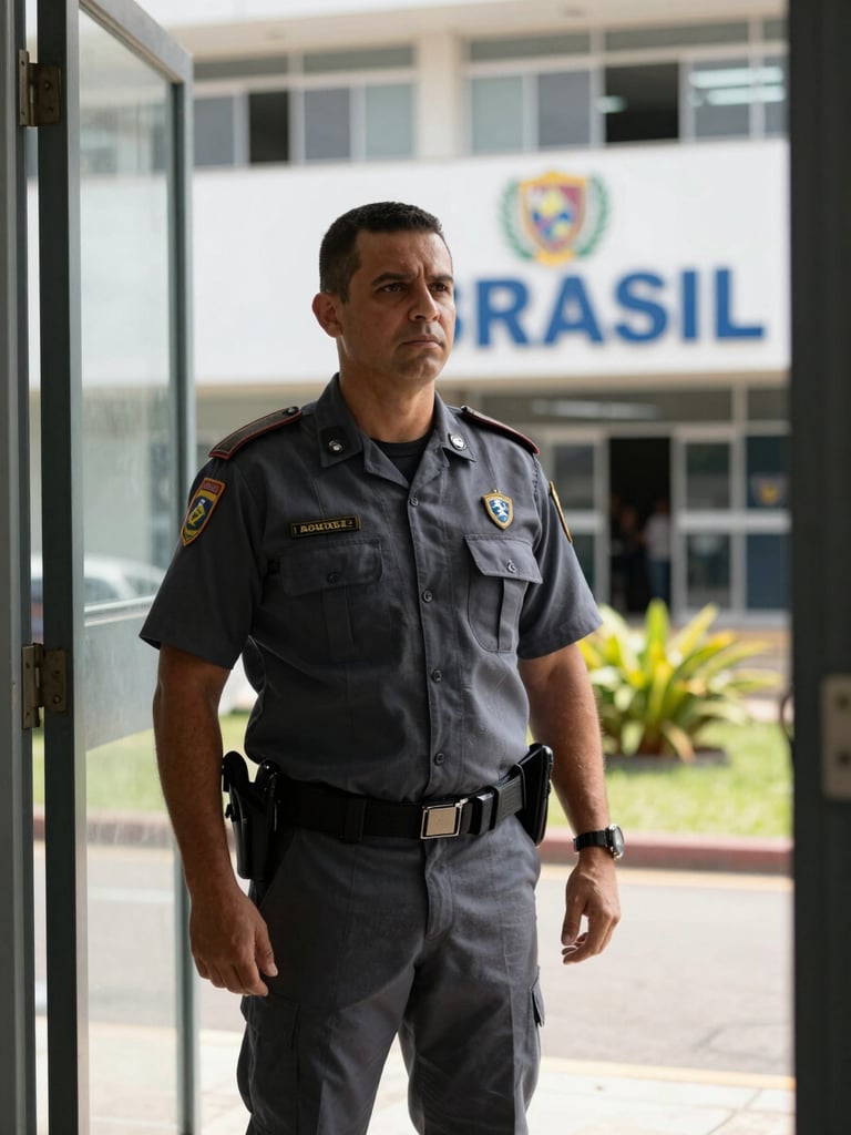 Brazilian public servant in uniform standing at the entrance of a municipal building, natural daylight from the open doorway illuminating the left side, official signage visible in the background out of focus